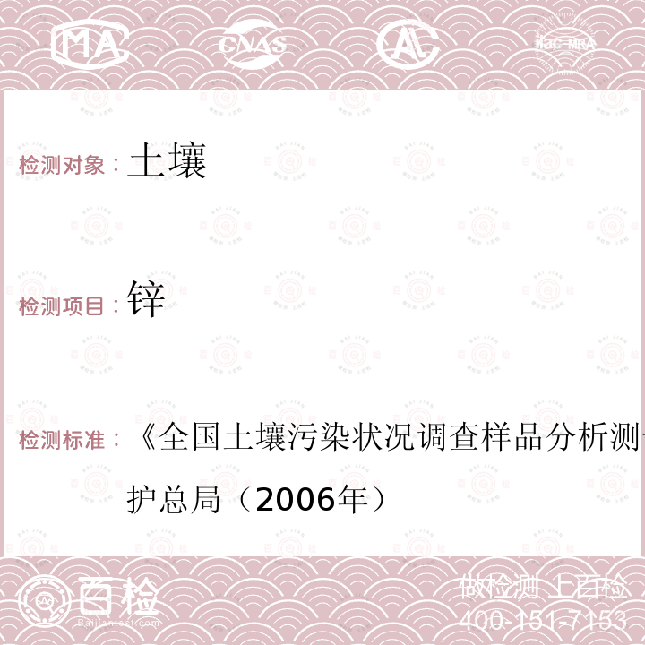 锌 《全国土壤污染状况调查样品分析测试技术规定》国家环境保护总局（2006年）  