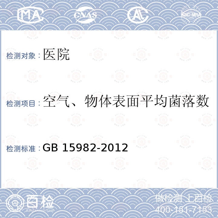 空气、物体表面平均菌落数 GB 15982-2012 医院消毒卫生标准