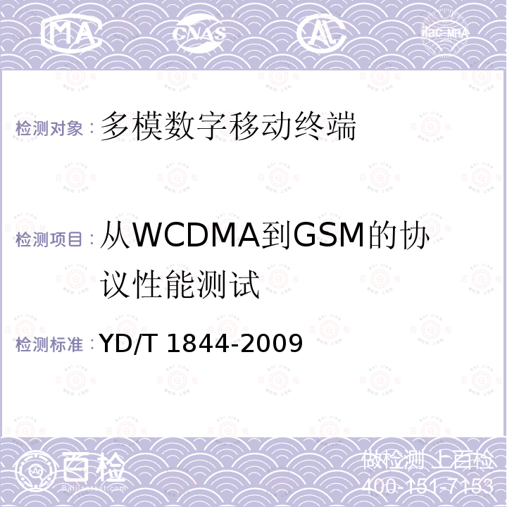 从WCDMA到GSM的协议性能测试 YD/T 1844-2009 WCDMA/GSM(GPRS)双模数字移动通信终端技术要求和测试方法(第三阶段)