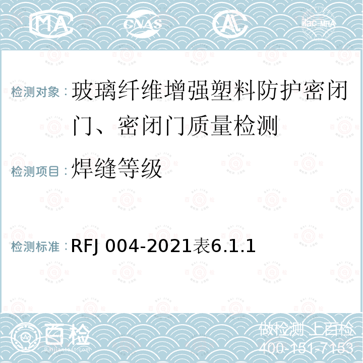 焊缝等级 RFJ 004-2021  表6.1.1
