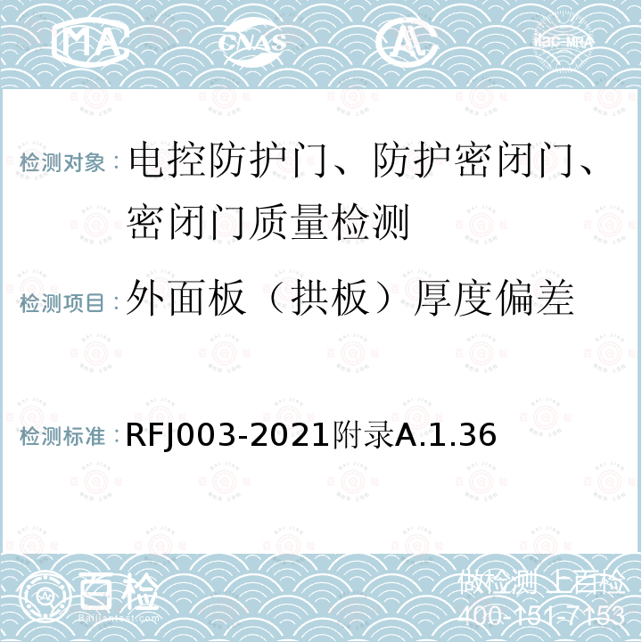 外面板（拱板）厚度偏差 RFJ 003-2021  RFJ003-2021附录A.1.36