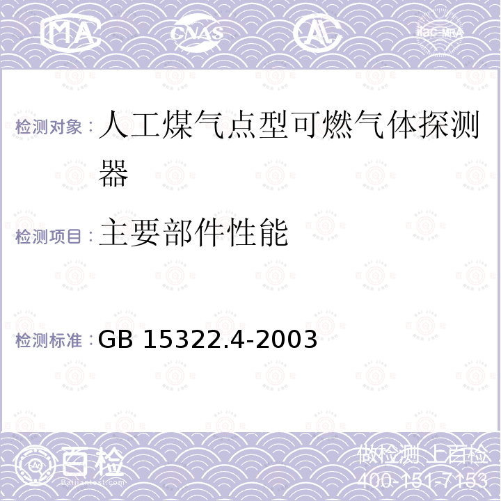 主要部件性能 GB 15322.4-2003 可燃气体探测器 第4部分:测量人工煤气的点型可燃气体探测器