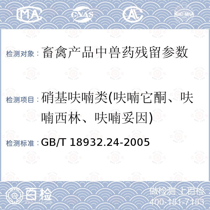 硝基呋喃类(呋喃它酮、呋喃西林、呋喃妥因) GB/T 18932.24-2005 蜂蜜中呋喃它酮、呋喃西林、呋喃妥因和呋喃唑酮代谢物残留量的测定方法 液相色谱-串联质谱法