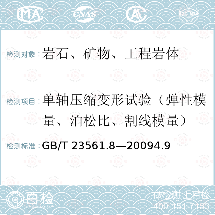 单轴压缩变形试验（弹性模量、泊松比、割线模量） 单轴压缩变形试验（弹性模量、泊松比、割线模量） GB/T 23561.8—20094.9