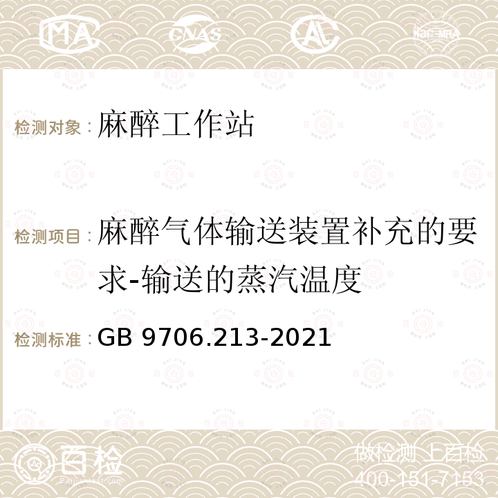 麻醉气体输送装置补充的要求-输送的蒸汽温度 GB 9706.213-2021 医用电气设备  第2-13部分：麻醉工作站的基本安全和基本性能专用要求