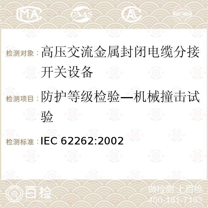 防护等级检验—机械撞击试验 IEC 62262-2002 由外壳提供的电气设备对外部机械冲击的防护等级(IK代码)