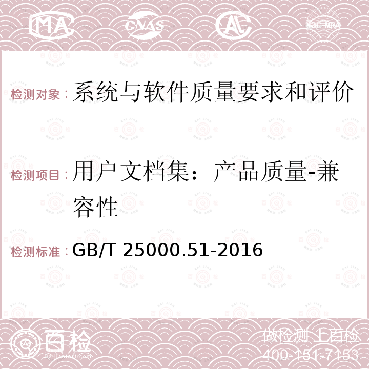 用户文档集：产品质量-兼容性 GB/T 25000.51-2016 系统与软件工程 系统与软件质量要求和评价(SQuaRE) 第51部分:就绪可用软件产品(RUSP)的质量要求和测试细则