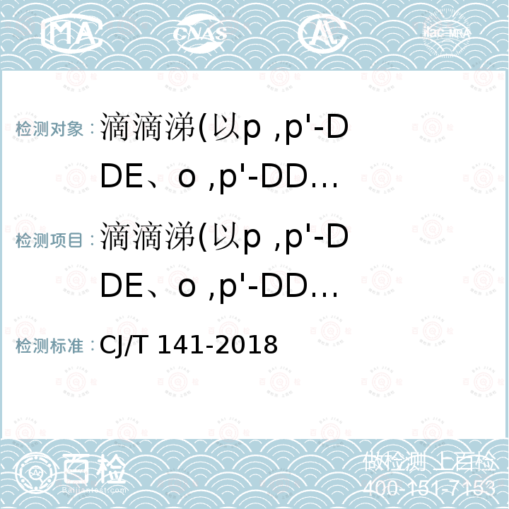 滴滴涕(以p ,p'-DDE、o ,p'-DDT、p ,p'-DDD、p ,p'-DDT之和计) 滴滴涕(以p ,p'-DDE、o ,p'-DDT、p ,p'-DDD、p ,p'-DDT之和计) CJ/T 141-2018