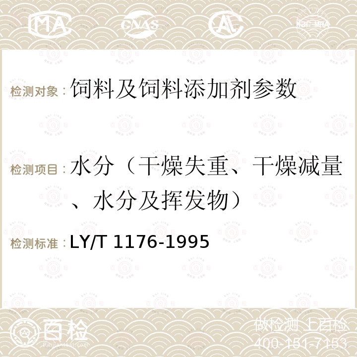 水分（干燥失重、干燥减量、水分及挥发物） LY/T 1176-1995 粉状松针膏饲料添加剂的试验方法