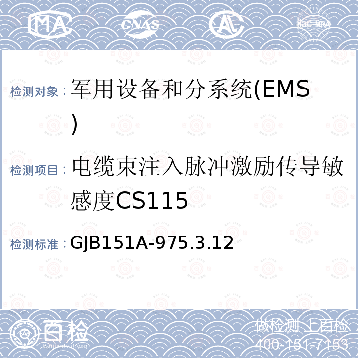 电缆束注入脉冲激励传导敏感度CS115 GJB 151A-975  GJB151A-975.3.12