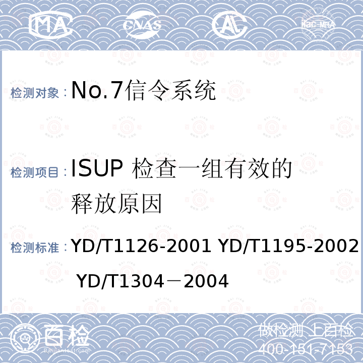ISUP 检查一组有效的释放原因 ISUP 检查一组有效的释放原因 YD/T1126-2001 YD/T1195-2002 YD/T1304－2004