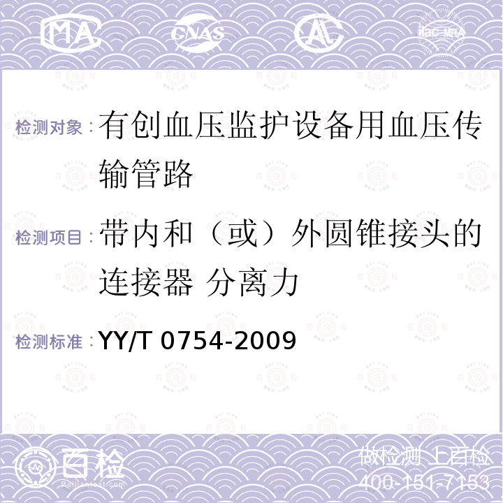 带内和（或）外圆锥接头的连接器 分离力 YY/T 0754-2009 有创血压监护设备用血压传输管路安全和性能专用要求