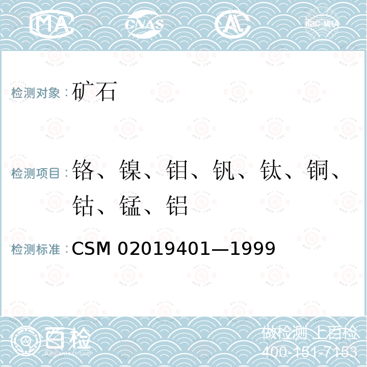 铬、镍、钼、钒、钛、铜、钴、锰、铝 19401-1999  CSM 02019401—1999