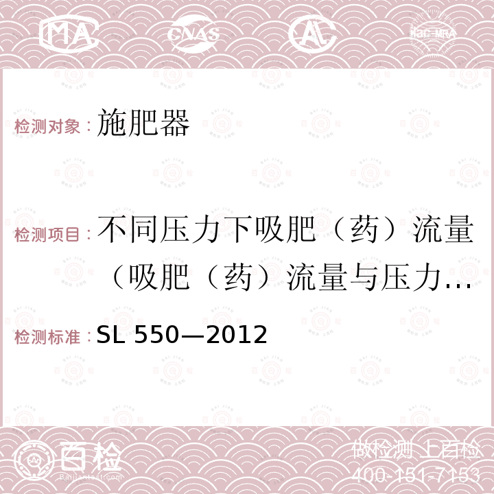 不同压力下吸肥（药）流量（吸肥（药）流量与压力关系） SL 550-2012 灌溉用施肥装置基本参数及技术条件