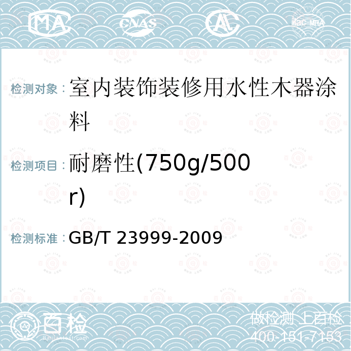 耐磨性(750g/500r) GB/T 23999-2009 室内装饰装修用水性木器涂料