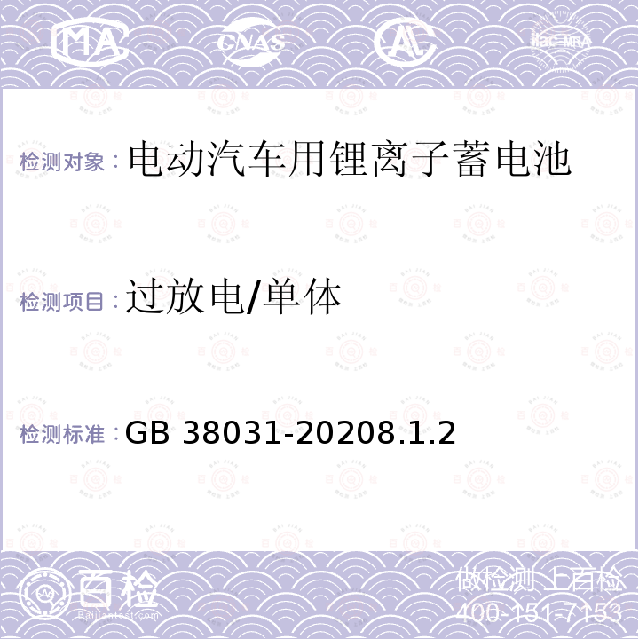 过放电/单体 GB 38031-2020 电动汽车用动力蓄电池安全要求