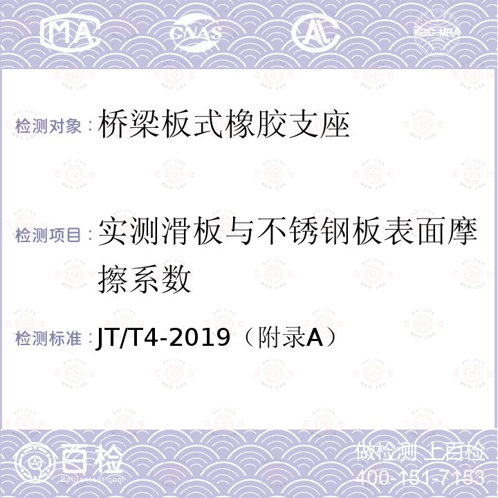 实测滑板与不锈钢板表面摩擦系数 JT/T 4-2019 公路桥梁板式橡胶支座