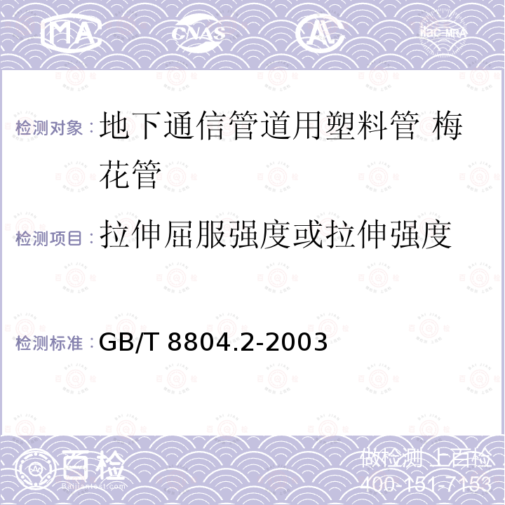 拉伸屈服强度或拉伸强度 GB/T 8804.2-2003 热塑性塑料管材 拉伸性能测定 第2部分:硬聚氯乙烯(PVC-U)、氯化聚氯乙烯(PVC-C)和高抗冲聚氯乙烯(PVC-HI)管材