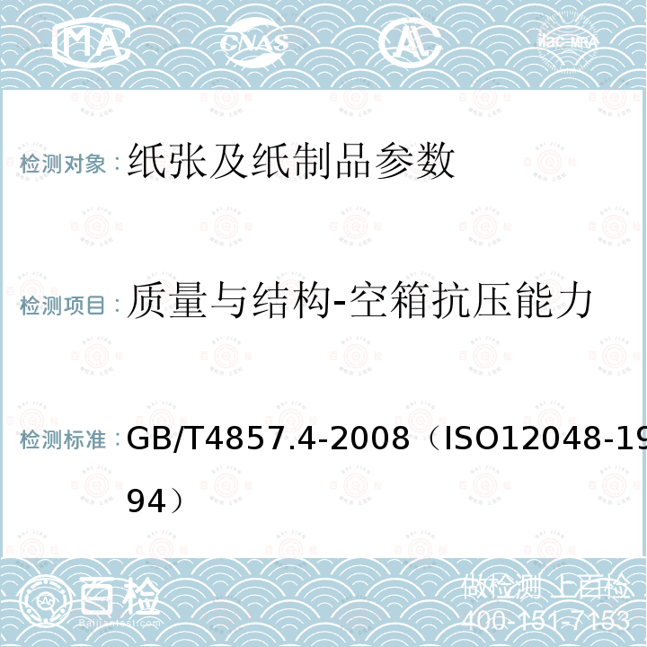 质量与结构-空箱抗压能力 GB/T 4857.4-2008 包装 运输包装件基本试验 第4部分:采用压力试验机进行的抗压和堆码试验方法