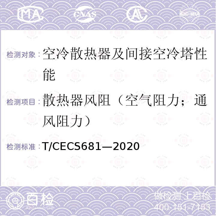 散热器风阻（空气阻力；通风阻力） CECS 681-2020  T/CECS681—2020