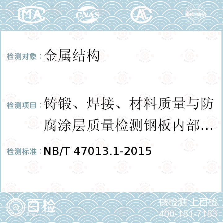 铸锻、焊接、材料质量与防腐涂层质量检测钢板内部缺陷 NB/T 47013.1-2015 承压设备无损检测 第1部分:通用要求