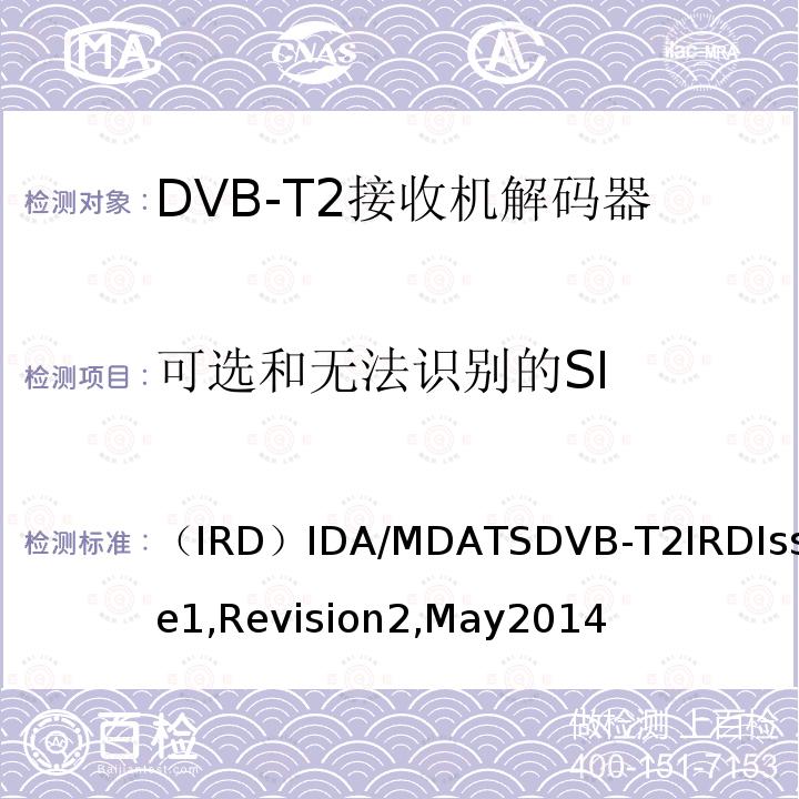 可选和无法识别的SI 可选和无法识别的SI （IRD）IDA/MDATSDVB-T2IRDIssue1,Revision2,May2014