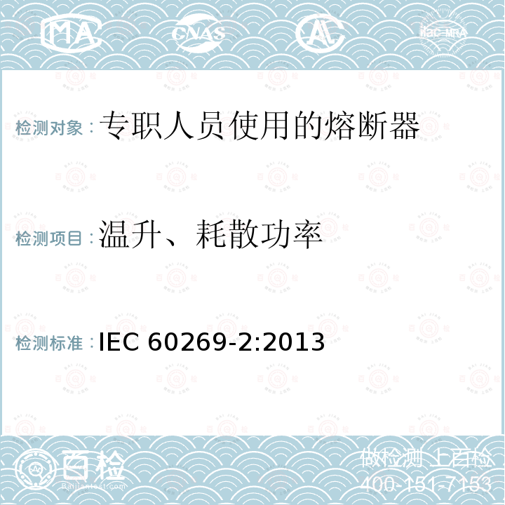 温升、耗散功率 IEC 60269-2-2013 低压熔断器 第2部分:指定人员使用的熔断器(主要是工业用熔断器)的补充要求 熔断器A至K标准化系统实例