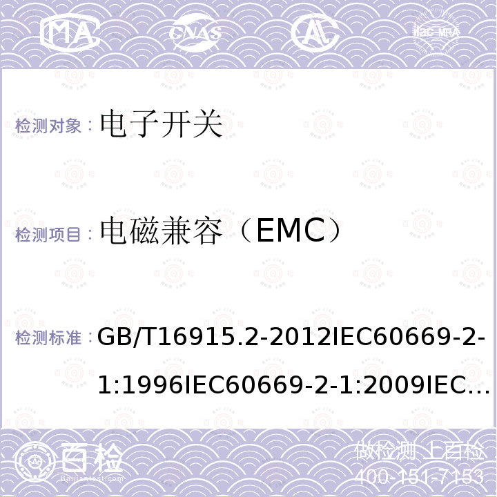 电磁兼容（EMC） 电磁兼容（EMC） GB/T16915.2-2012IEC60669-2-1:1996IEC60669-2-1:2009IEC60669-2-1:2021