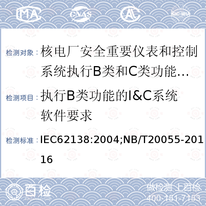 执行B类功能的I&C系统软件要求 IEC 62138-2004 核电厂 对安全重要的测试设备和控制 执行B类或C类功能的以计算机为基础的系统用软件情况