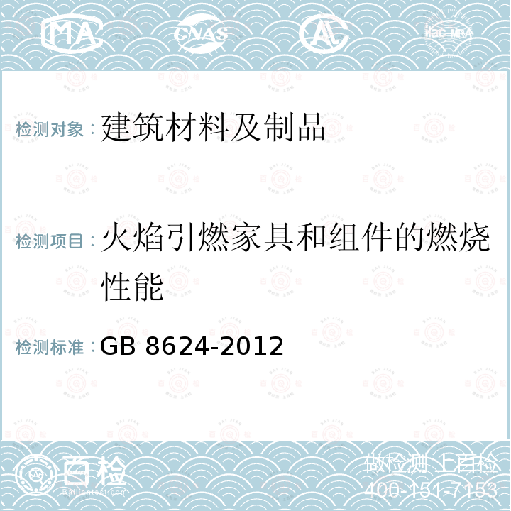 火焰引燃家具和组件的燃烧性能 GB 8624-2012 建筑材料及制品燃烧性能分级