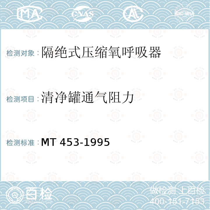 清净罐通气阻力 MT 453-1995 隔绝式压缩氧呼吸器