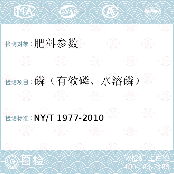 磷（有效磷、水溶磷） NY/T 1977-2010 水溶肥料 总氮、磷、钾含量的测定