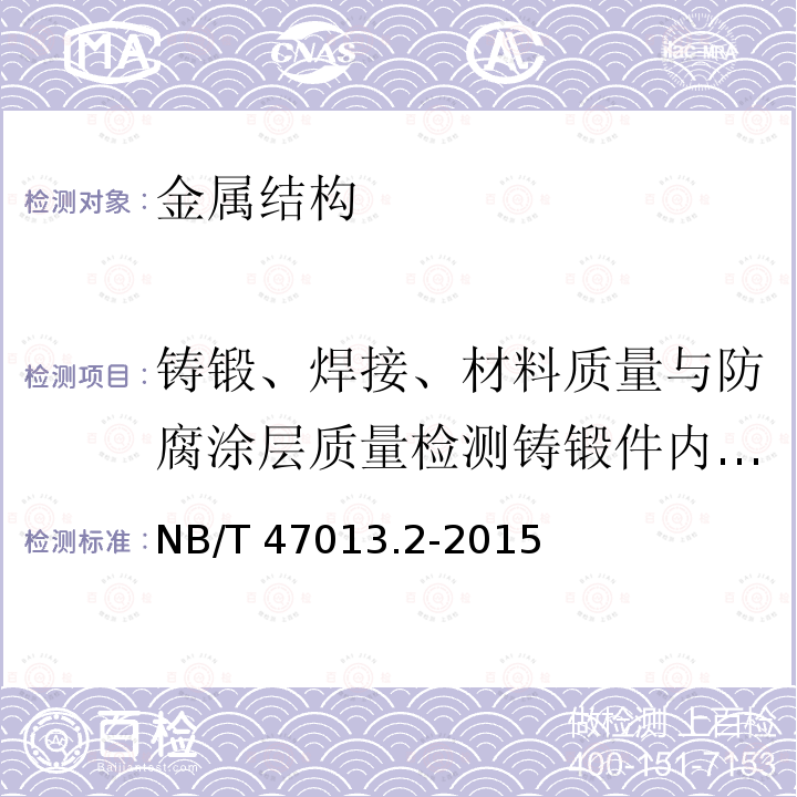 铸锻、焊接、材料质量与防腐涂层质量检测铸锻件内部缺陷 NB/T 47013.2-2015 承压设备无损检测 第2部分:射线检测(附2018年第1号修改单)