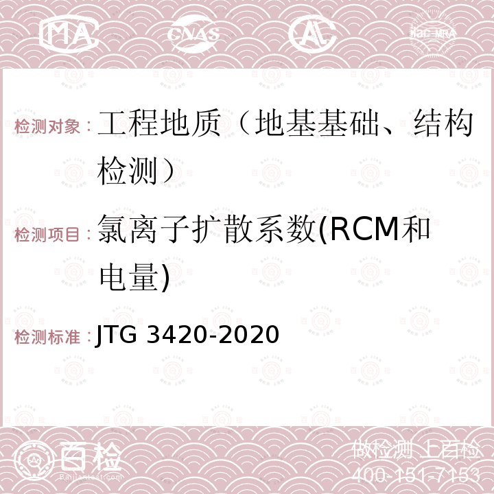 氯离子扩散系数(RCM和电量) 氯离子扩散系数(RCM和电量) JTG 3420-2020