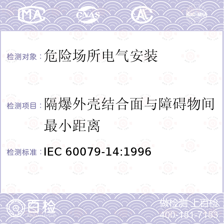 隔爆外壳结合面与障碍物间最小距离 IEC 60079-14-1996 爆炸性气体环境用电气设备 第14部分:危险区域(矿井除外)中的电气设施