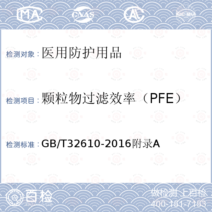 颗粒物过滤效率（PFE） 颗粒物过滤效率（PFE） GB/T32610-2016附录A