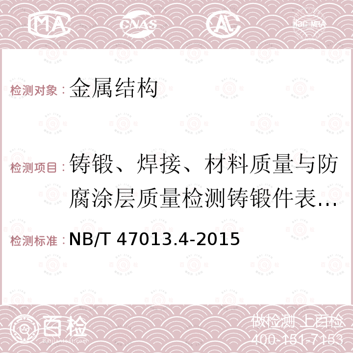 铸锻、焊接、材料质量与防腐涂层质量检测铸锻件表面缺陷 NB/T 47013.4-2015 承压设备无损检测 第4部分:磁粉检测