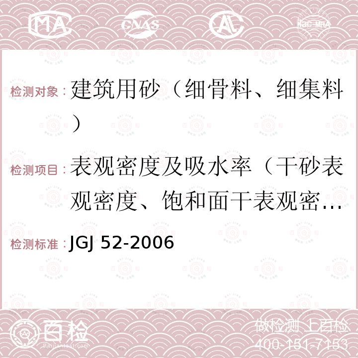 表观密度及吸水率（干砂表观密度、饱和面干表观密度、吸水率、饱和面干吸水率） JGJ 52-2006 普通混凝土用砂、石质量及检验方法标准(附条文说明)