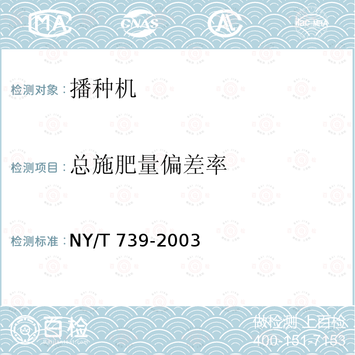 总施肥量偏差率 NY/T 739-2003 谷物播种机械作业质量