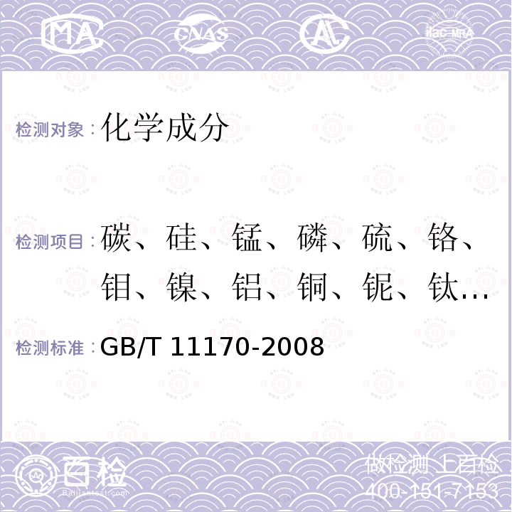 碳、硅、锰、磷、硫、铬、钼、镍、铝、铜、铌、钛、钒、硼、钴 GB/T 11170-2008 不锈钢 多元素含量的测定 火花放电原子发射光谱法(常规法)