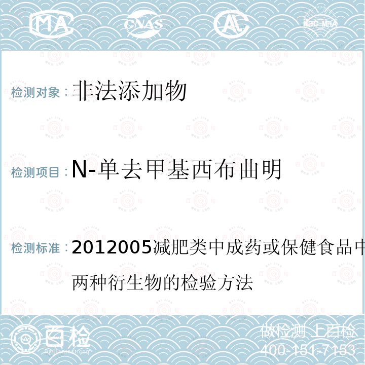 N-单去甲基西布曲明 N-单去甲基西布曲明 2012005减肥类中成药或保健食品中酚酞、西布曲明及两种衍生物的检验方法