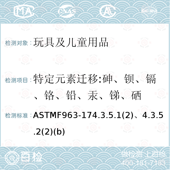 特定元素迁移:砷、钡、镉、铬、铅、汞、锑、硒 ASTMF 963-174  ASTMF963-174.3.5.1(2)、4.3.5.2(2)(b)