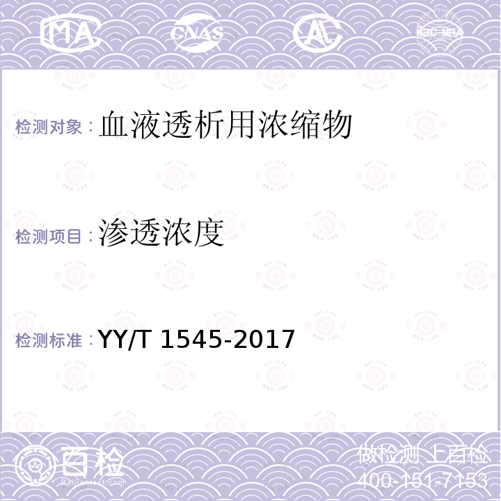 渗透浓度 YY/T 1545-2017 血液透析用浓缩物与血液透析设备连接的评价