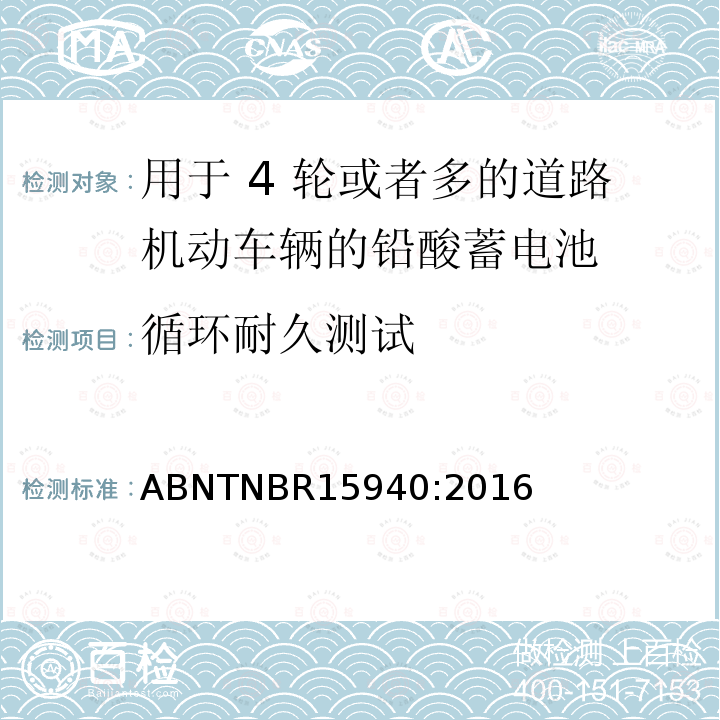 循环耐久测试 循环耐久测试 ABNTNBR15940:2016