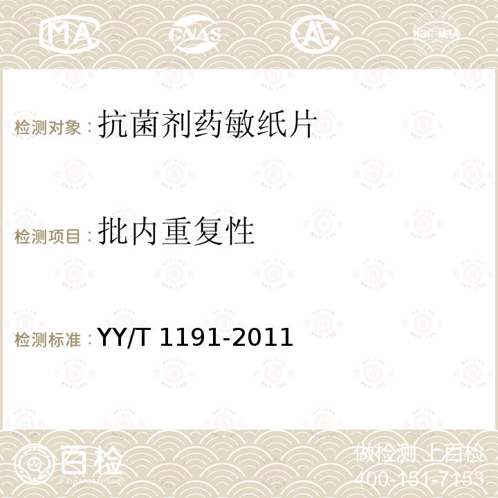 批内重复性 抗菌剂药敏纸片 YY/T 1191-2011