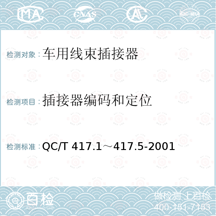 插接器编码和定位 车用线束插接器 第1部分 定义，试验方法和一般性能要求 QC/T 417.1～417.5-2001