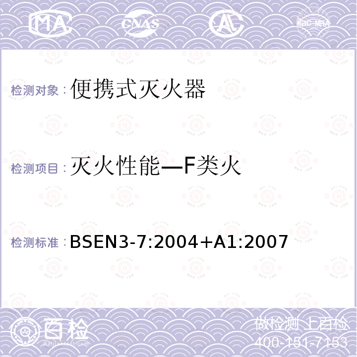 灭火性能—F类火 便携式灭火器-第7部分：特性、性能要求和测试方法 BSEN3-7:2004+A1:2007