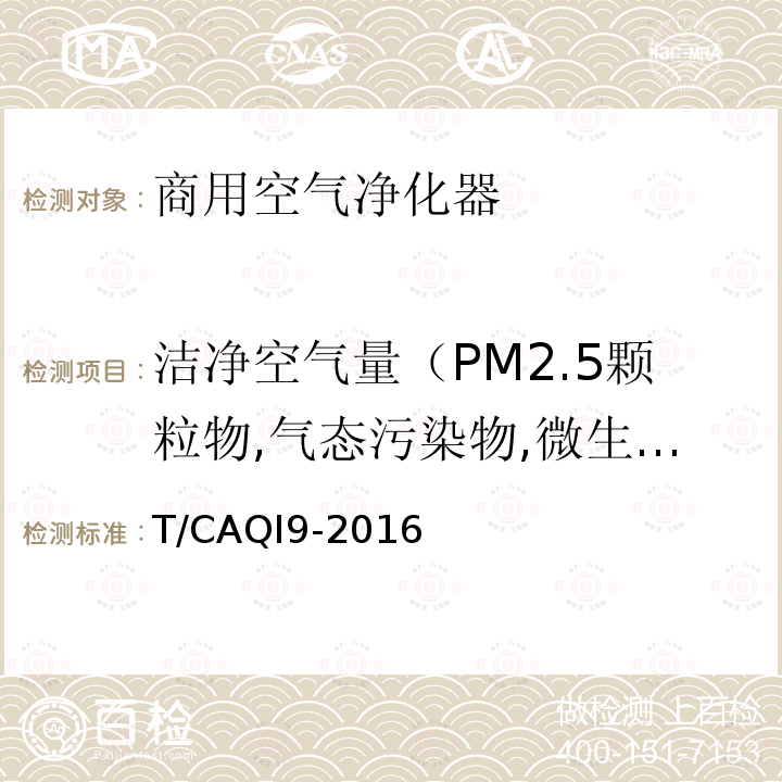 洁净空气量（PM2.5颗粒物,气态污染物,微生物） 商用空气净化器 T/CAQI9-2016