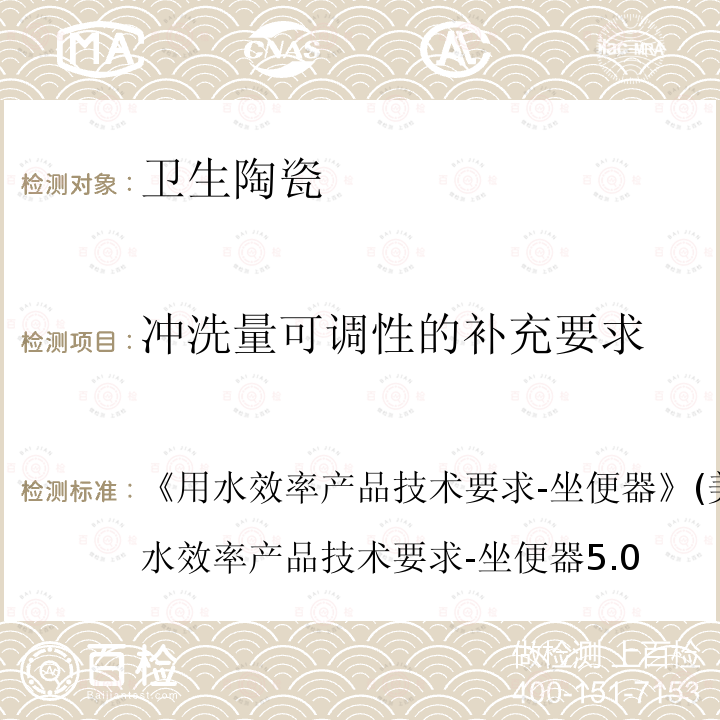 冲洗量可调性的补充要求 《用水效率产品技术要求-坐便器》(美国水效认证规范) 用水效率产品技术要求-坐便器 5.0 《用水效率产品技术要求-坐便器》(美国水效认证规范)用水效率产品技术要求-坐便器5.0