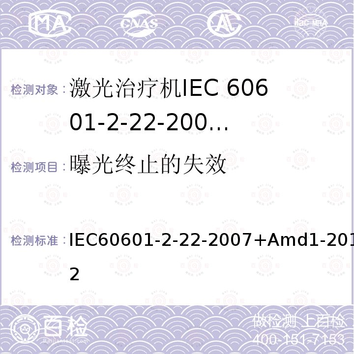 曝光终止的失效 医用电气设备 第2-22部分:外科、美容、治疗和诊断激光设备的基本安全和基本性能专用要求 IEC60601-2-22-2007+Amd1-2012